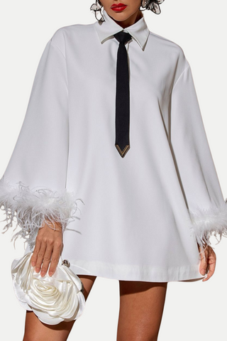 Finia Feather-trimmed Mini Shirt Dress With Tie