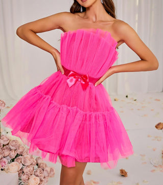 LAYERED STRAPLESS MINI DRESS IN HOT PINK