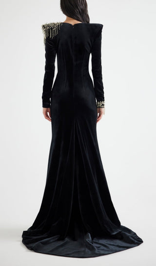 embroidered velvet maxi dress in black