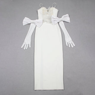 ROBE MAXI À BANDAGE DANS LE DOS BLANC AVEC GANTS 