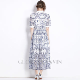 V NECK SPLICED BELTS EMBROIDERY MIDI DRESS IN BLUE