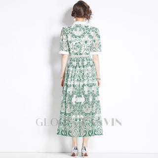 V NECK SPLICED BELTS EMBROIDERY MIDI DRESS IN GREEN