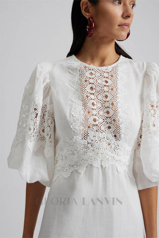 HAZEL WHITE EMBROIDERED ROUND NECK PUFF SLEEVE MIDI DRESS