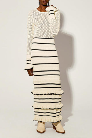 BRIDGET KNIT STRIPE FRILL MIDI DRESS IN WHITE