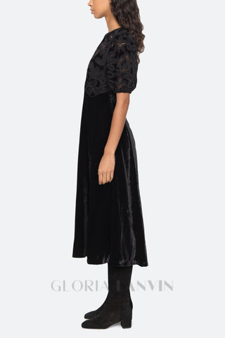 Velvet Puff Sleeve Embroidered Midi Dress in black