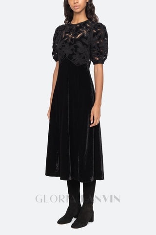 Velvet Puff Sleeve Embroidered Midi Dress in black