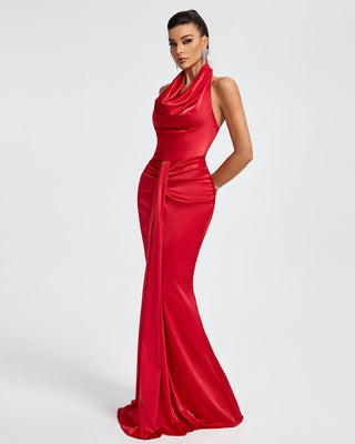 HALTER DRAPED SATIN MERMAID MAXI DRESS IN RED