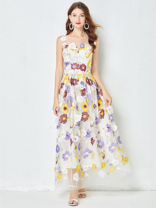 COLORFUL FLORAL EMBROIDERY FLOWER SLING MIDI DRESS