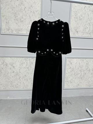 crystal embellished puff midi dress in black