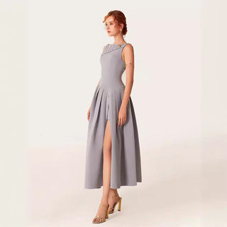 sleeveless pleated slit midi dress in gray