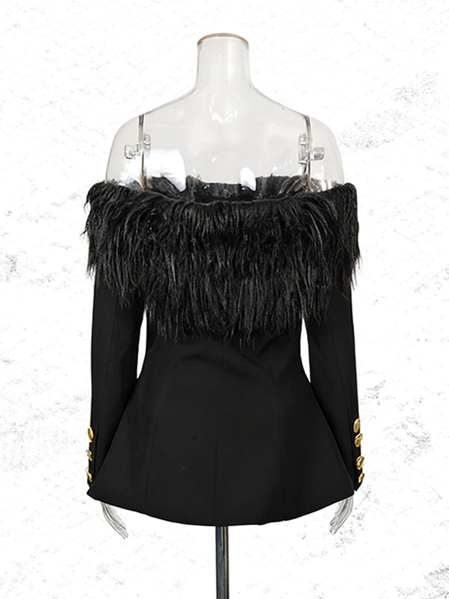 black Off-shoulder feather metal buckle decoration blazer mini dress