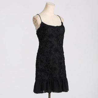 FLORAL APPLIQUÉ PLEATED HEM MINI DRESS IN BLACK