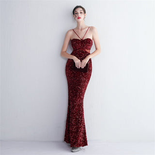 MARIAN BURGUNDY CUTOUT SEQUINS HALTER MAXI DRESS