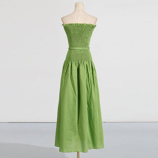 pleated belt chiffon strapless maxi dress in green