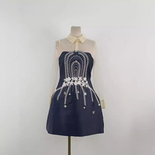 embroidered flower lapel tulle mini dress in dark blue