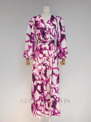 SUSANNA FUCHSIA BELTED TIE-DYED SATIN MAXI DRESS