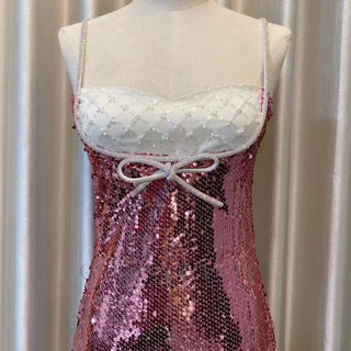 DAVINA SEQUINS DIAMANTE MINI DRESS IN PINK