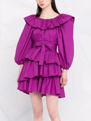 PUFF SLEEVE RUFFLE LAYER MINI DRESS IN PURPLE