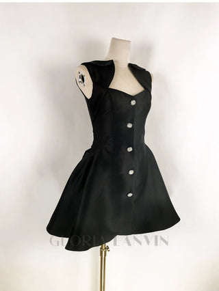 DIAMOND BUTTONED SATIN MINI DRESS IN BLACK