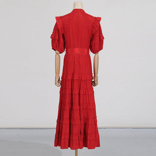 Lace ruffle trim layer midi dress in red