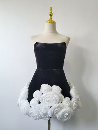 flower-embellished-hem black strapless mini dress