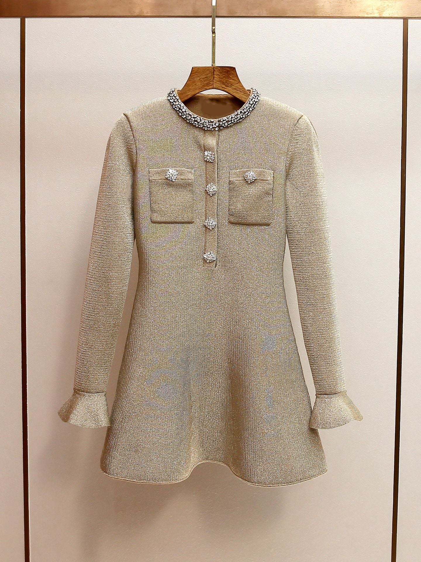 phoenix Gold Crystal Trim Knit Mini Dress