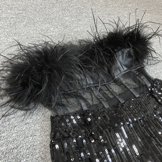 FANNY STRAPLESS FEATHER SEQUIN JUMPSUIT IN BLACK