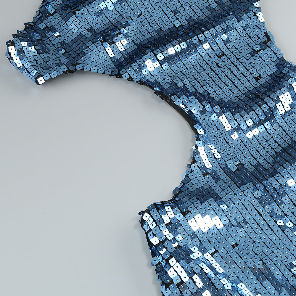 Robe longue dos nu à sequins Sharon bleu céruléen