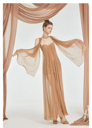 Thea Strapless Mesh Backless maxi Dress in brown