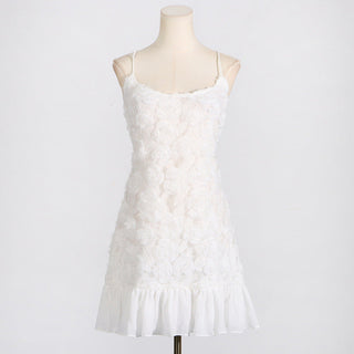 FLORAL APPLIQUÉ PLEATED HEM MINI DRESS IN WHITE