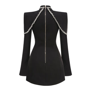 diamond chain embellished trumpet sleeve mini dress in black