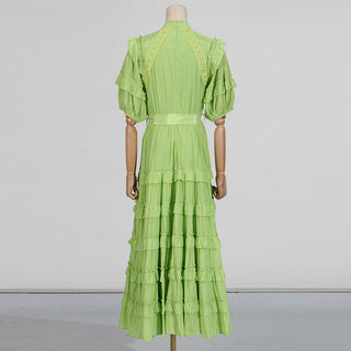 Lace ruffle trim layer midi dress in green