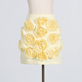 3D FLOWER BUBBLE SLEEVE TOP SKIRT SUIT IN YELLOW