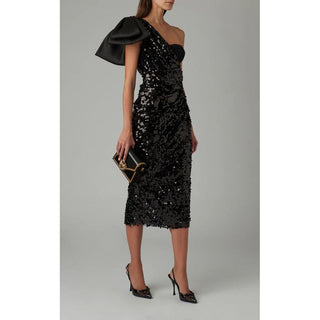 MARY BLACK SEQUINED LONGUETTE DRESS WITH BOW