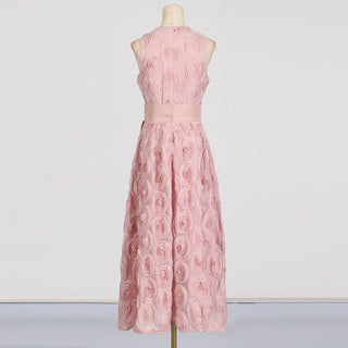 ROSETTE TULLE SATIN WOVEN BELT MIDI DRESS IN PINK