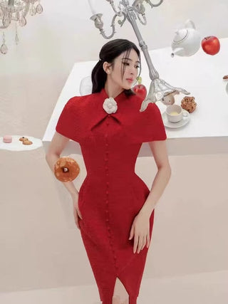 THERA HIGH COLLAR SINGLE BREASTED MIDI DRESS IN RED