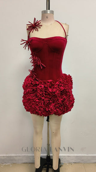 velvet corset floral mini skirt suit in red