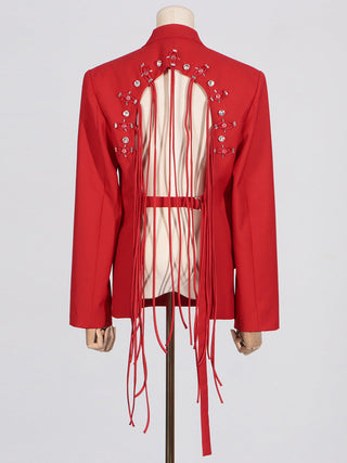 Vienna Cutout Fringe Backless Blazer In Red