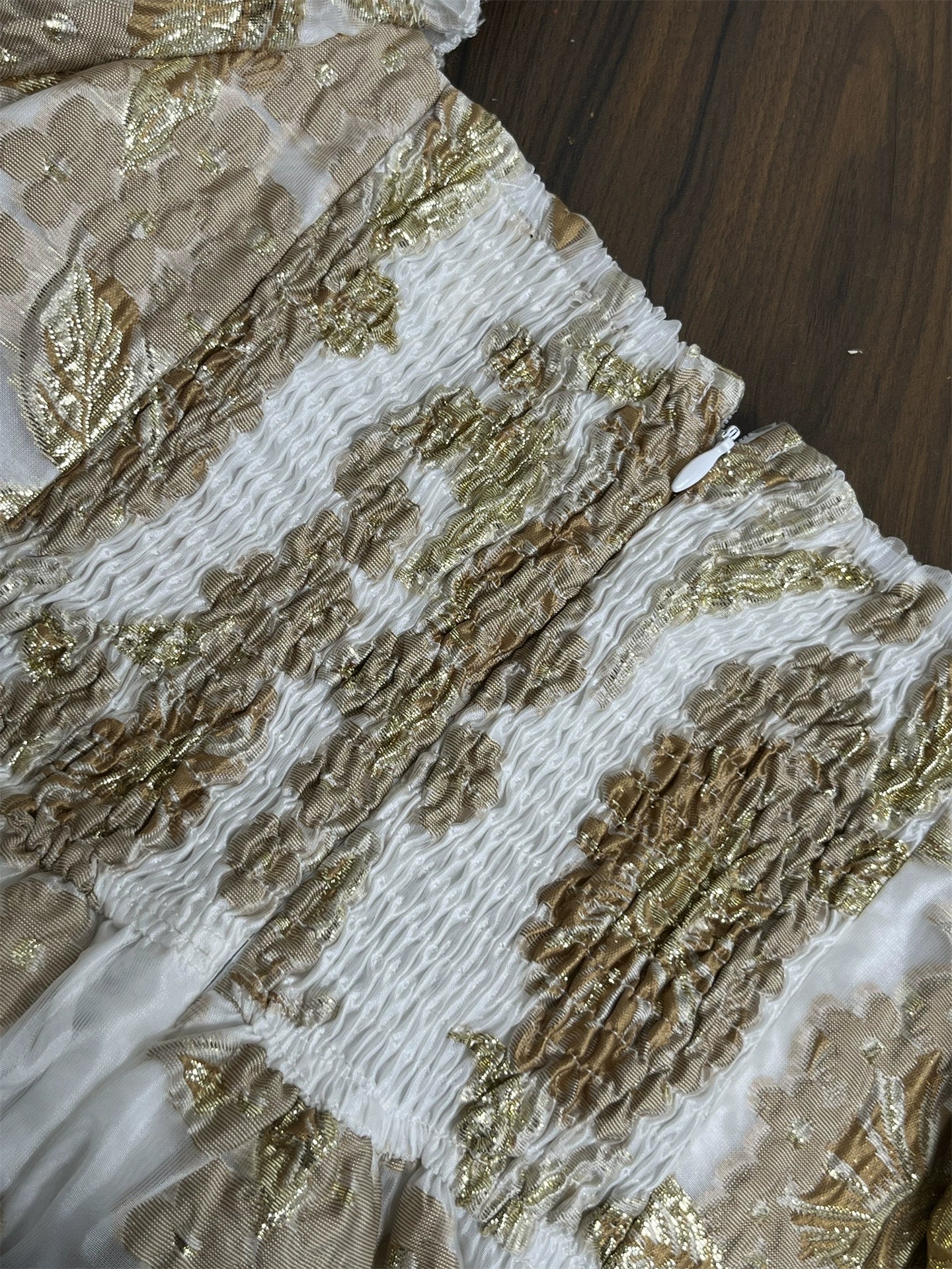 gold jacquard square neck puff sleeves puffy mini dress