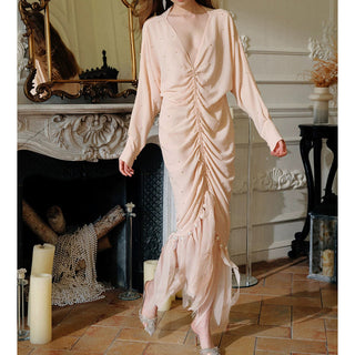 pearl embellished ruched apricot maxi dress