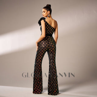 Mermaid Scale Floral One-Shoulder Sequin Jumpsuit