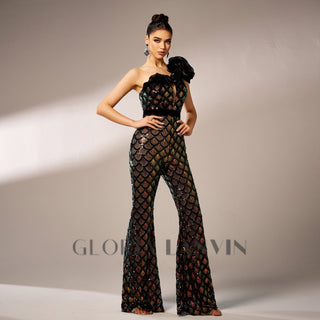 Mermaid Scale Floral One-Shoulder Sequin Jumpsuit