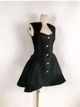 DIAMOND BUTTONED SATIN MINI DRESS IN BLACK