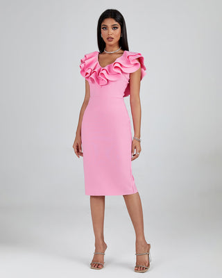 PLEATED RUFFLE BANDAGE MIDI DRESS IN PINK