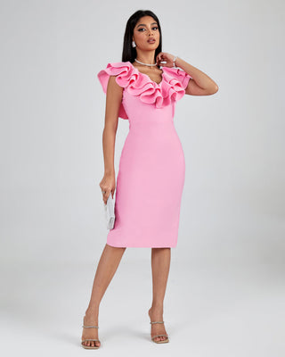 PLEATED RUFFLE BANDAGE MIDI DRESS IN PINK