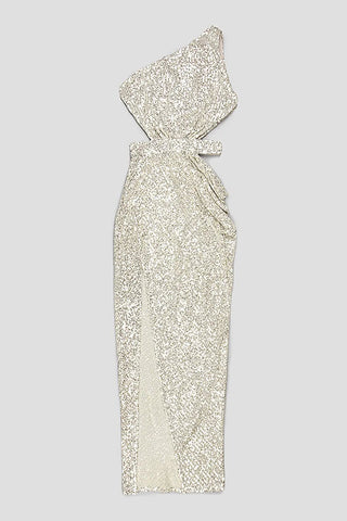 ONE-SHOULDER SEQUINS CUT OUT SPLIT MAXI DRESS