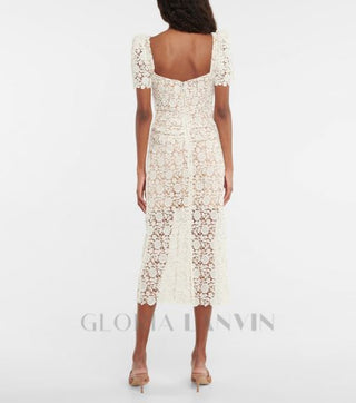 EMBELLISHED GUIPURE LACE MIDI DRESS IN WHITE