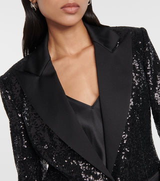 ALEXANDRA BLACK SEQUINED EMBELLISHED SATIN BLAZER