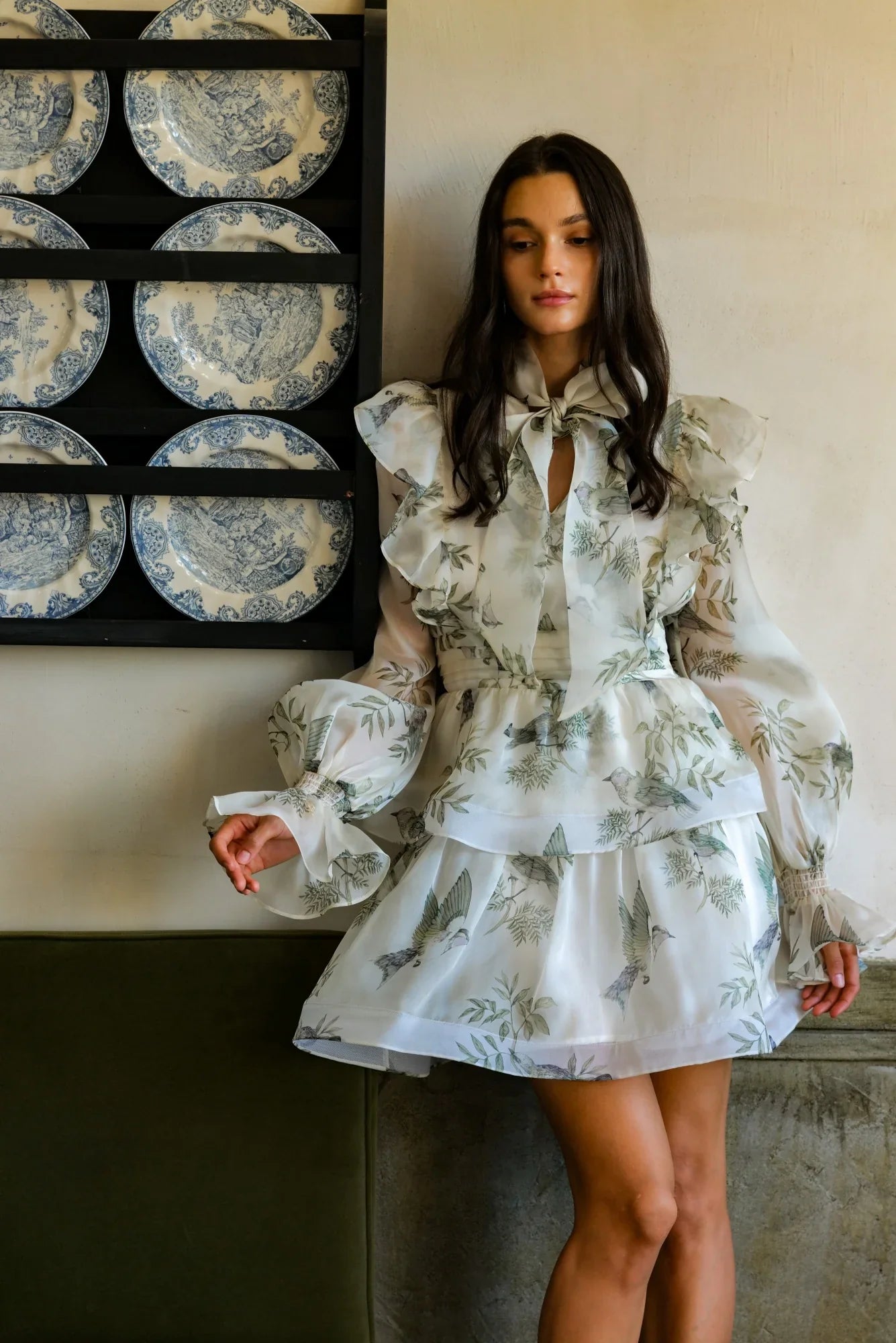 norma floral print SILK ORGANZA TIE NECK MINI DRESS