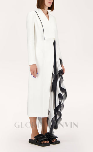 Asymmetric pleated ruffle trim blazer dress in white